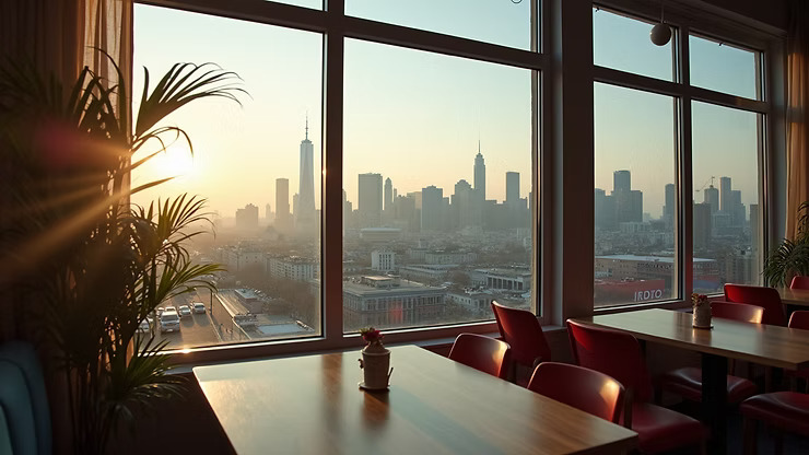 Wide angle view of a city skyline from a local café