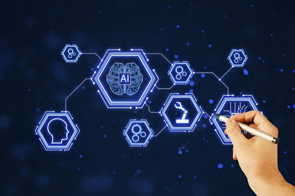 Illustration of artificial intelligence icons showing automation, robotics, and AI-based decision-making for small businesses.