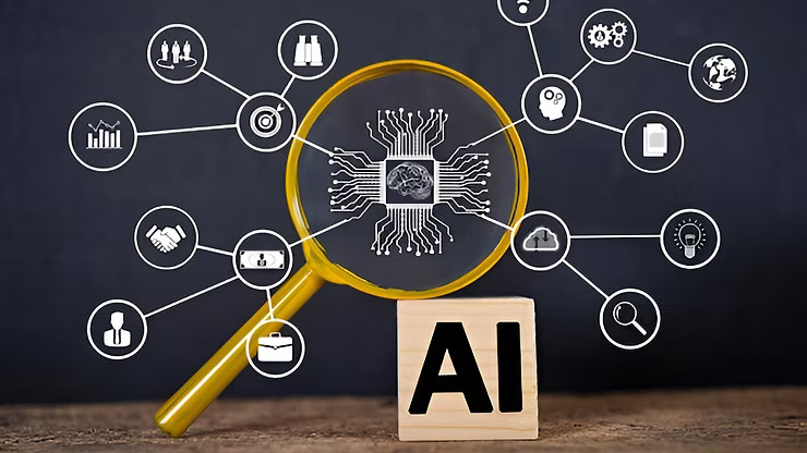 Visual representation of how AI connects different business functions like marketing, sales, HR, and operations.